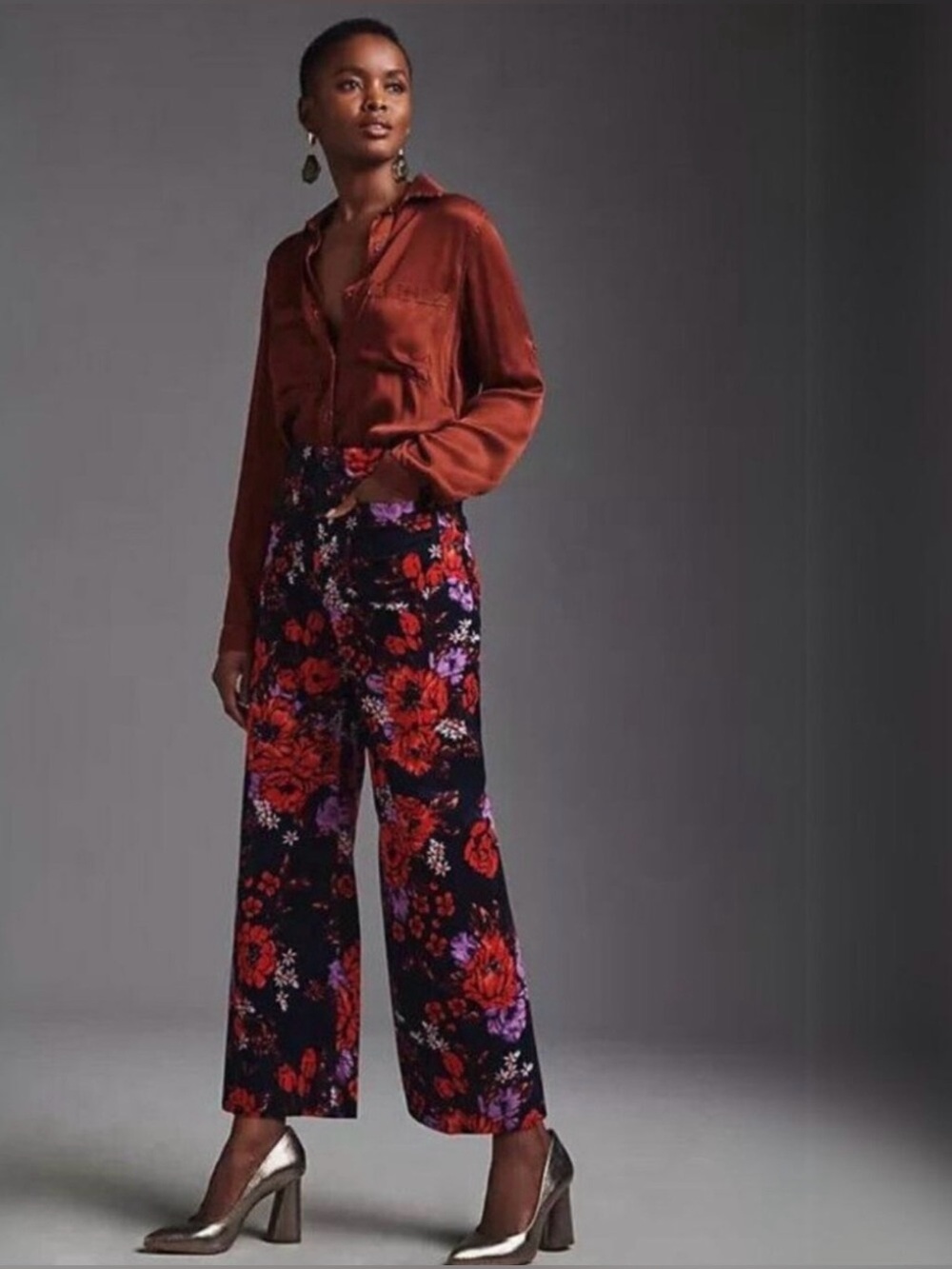 Anthropologie Maeve The Colette Cropped Wide-Leg Velvet Pants Floral Size 28